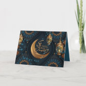 Ramadan Mubarak Gold Crescent Arabisch Pattern Blu Feestdagen Kaart (Voorkant)