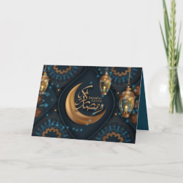 Ramadan Mubarak Gold Crescent Arabisch Pattern Blu Feestdagen Kaart