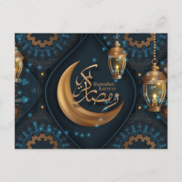 Ramadan Mubarak Gold Crescent Arabisch Pattern Blu Feestdagenkaart