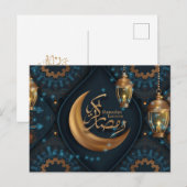 Ramadan Mubarak Gold Crescent Arabisch Pattern Blu Feestdagenkaart (Voorkant / Achterkant)