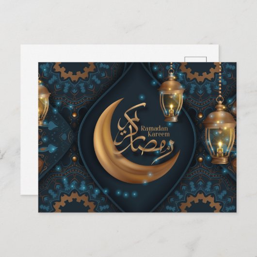 Ramadan Mubarak Gold Crescent Arabisch Pattern Blu Feestdagenkaart (Voorkant / Achterkant)
