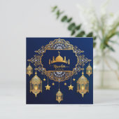 Ramadan Mubarak Gold Mosque Islamic Lantern Blue Feestdagenkaart (Staand voorkant)