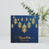 Ramadan Mubarak Golden Islamic Lantern Blue Feestdagenkaart (Staand voorkant)