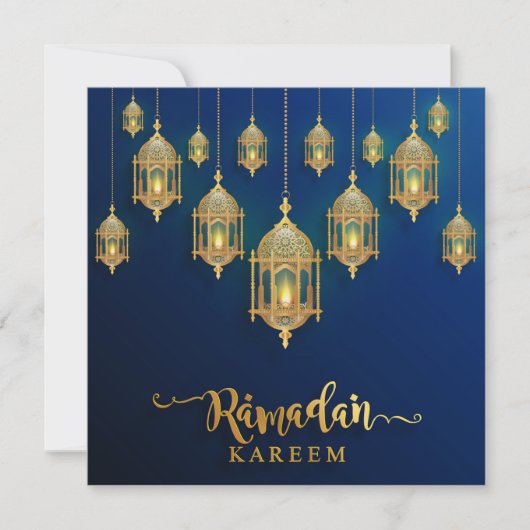 Ramadan Mubarak Golden Islamic Lantern Blue Feestdagenkaart (Voorkant)
