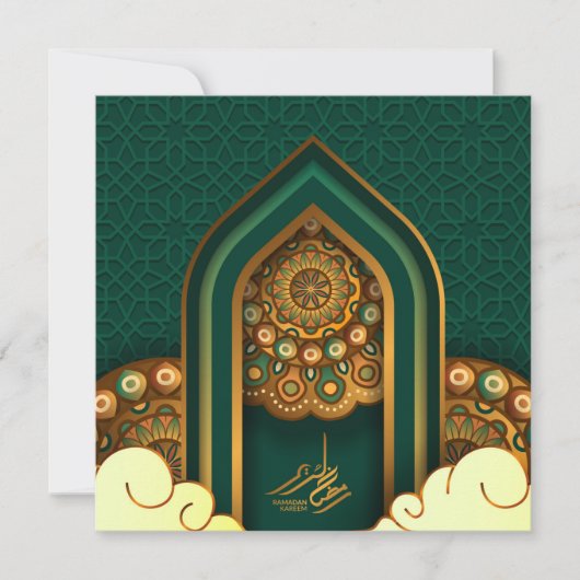 Ramadan Mubarak Golden Islamic Lantern Green Feestdagenkaart (Voorkant)