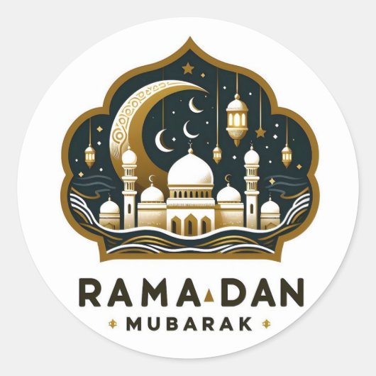 Ramadan Mubarak Moskee en Lantaarns Ronde Sticker (Voorkant)