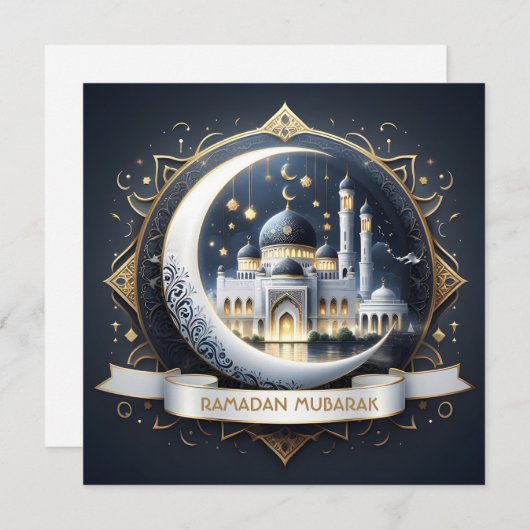 Ramadan Mubarak Moskee met gouden marineblauw Feestdagenkaart (Voorkant / Achterkant)