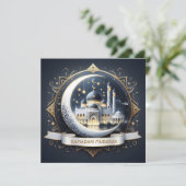 Ramadan Mubarak Moskee met gouden marineblauw Feestdagenkaart (Staand voorkant)