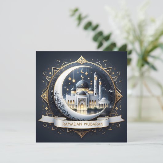 Ramadan Mubarak Moskee met gouden marineblauw Feestdagenkaart (Staand voorkant)