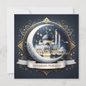 Ramadan Mubarak Moslim Goud Navyblauw Moskee Feestdagenkaart (Voorkant)