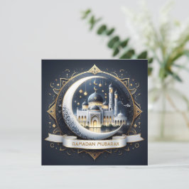 Ramadan Mubarak Moslim Goud Navyblauw Moskee Feestdagenkaart