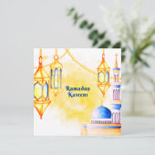 Ramadan Waterverf moskee, ster en lantaarns Feestdagenkaart (Staand voorkant)