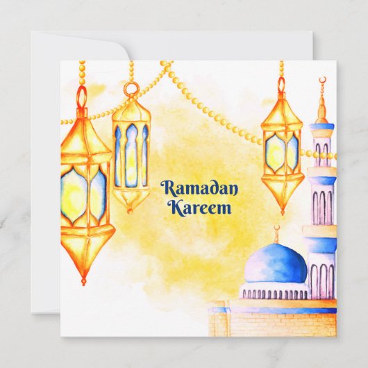 Ramadan Waterverf moskee, ster en lantaarns Feestdagenkaart (Voorkant)