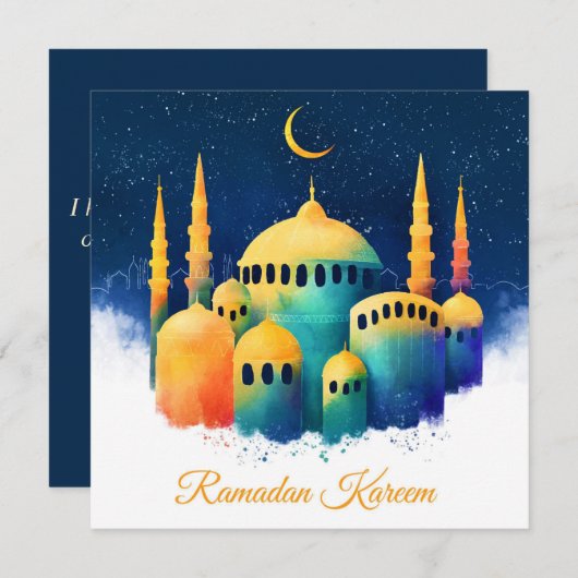 Ramadan Waterverf Mosque Crescent Feestdagenkaart (Voorkant / Achterkant)