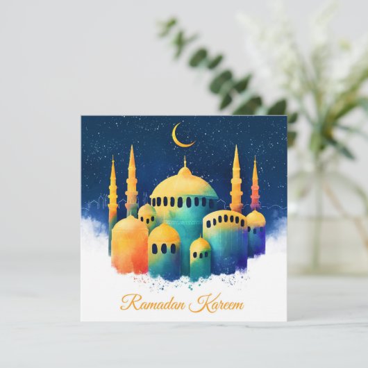 Ramadan Waterverf Mosque Crescent Feestdagenkaart (Staand voorkant)