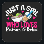 Ramen Boba Bubble Tea Kawaii Anime Girl Vierkante Sticker<br><div class="desc">Ramen Boba Bubble Tea Kawaii Anime Girl</div>