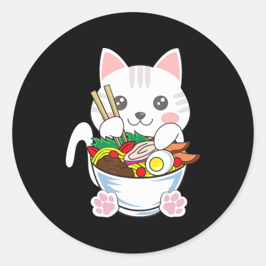 Ramen Cat Anime Bowl Kawaii Neko Japans voedsel Gi Ronde Sticker (Voorkant)