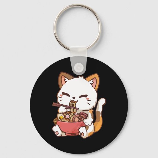 Ramen Cat Anime Kawaii Cat Eating Ramen Sleutelhanger (Voorkant)