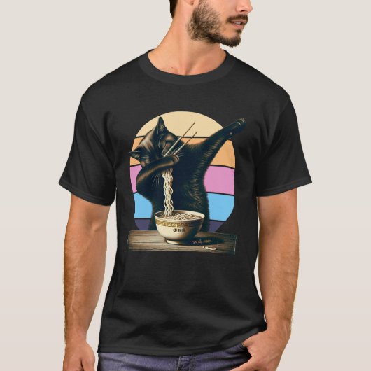 Ramen Cat Dabbing On Retro Sunset T-shirt (Voorkant)