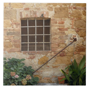 Ramen en oude stenen muur, Pienza, Italië Tegeltje