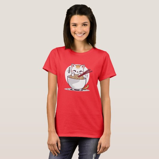 Ramen Kat Eating Noedels Design T-shirt (Voorkant volledig)