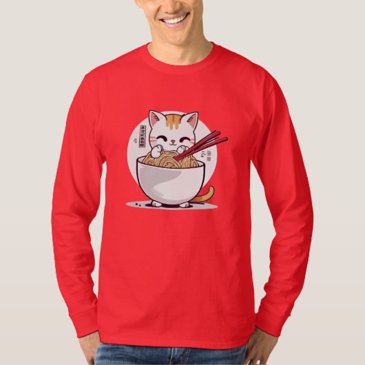 Ramen Kat Eating Noedels Design T-shirt (Voorkant)