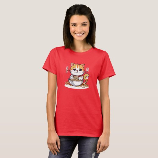 Ramen Kat Eating Noedels Design T-shirt (Voorkant volledig)