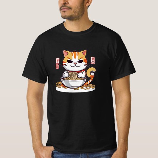 Ramen Kat Eating Noedels Design T-shirt (Voorkant)