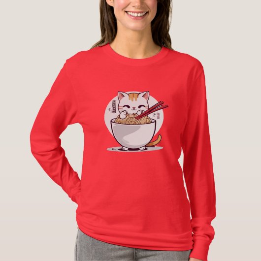 Ramen Kat Eating Noedels Design T-shirt (Voorkant)
