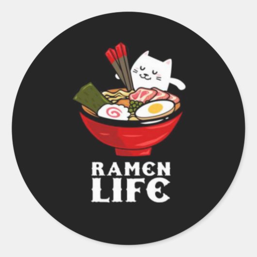 Ramen Life Kat Eet op Unisex Poly Katoen Ronde Sticker (Voorkant)