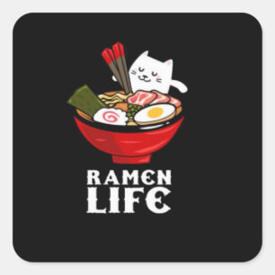 Ramen Life Kat Eet op Unisex Poly Katoen Vierkante Sticker