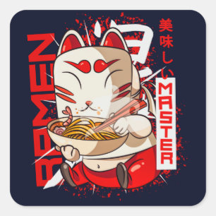 Ramen Master Kitsune Kawaii Fox Vierkante Sticker