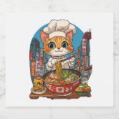 Ramen Neko � Grappige Kat Chef Anime Voedsel Sparkling Wijnetiket (Enkel label)