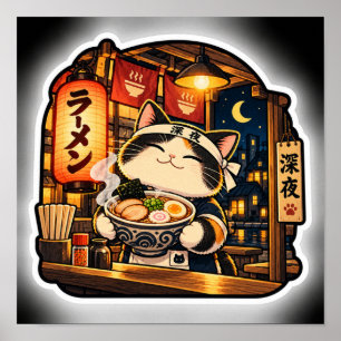 Ramen Night Cat Poster   Japanse Retro Noedel Kuns