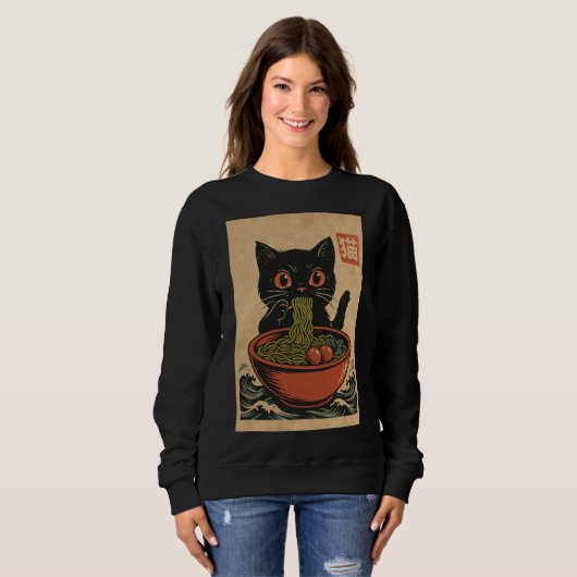 Ramen Noodle Eating: Cat Dames sweatshirt (Voorkant volledig)