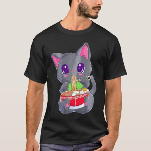 Ramen Noodles Kawaii Anime Neko Kat T-shirt (Voorkant)