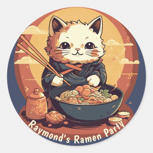 Ramen Party Verjaardagsfeestje met Anime Cat Ronde Sticker (Voorkant)