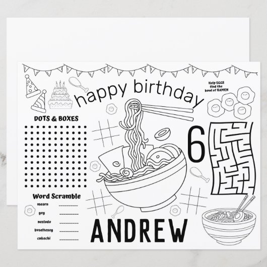 Ramen placemats, ramen verjaardagsblad (Voorkant / Achterkant)