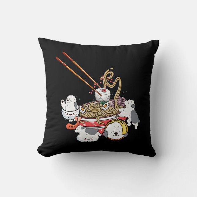 Ramen Sushi Oud Engels Sheepdog Hond Japans eten Kussen (Voorkant)