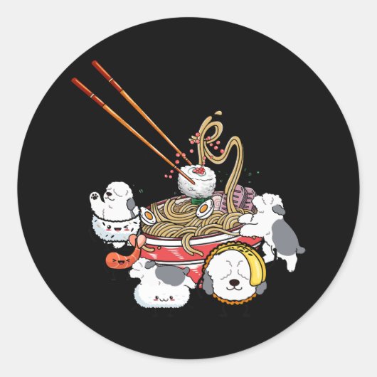 Ramen Sushi Oud Engels Sheepdog Hond Japans eten Ronde Sticker (Voorkant)