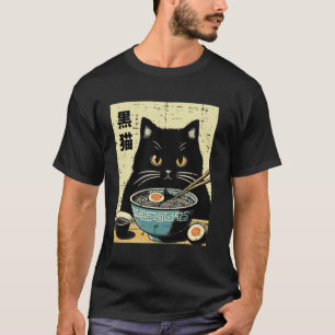 Ramen Zwarte Kat Grappige Spreuk Japans Eten Manne T-shirt