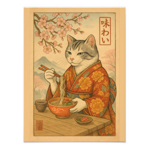 Ramenkat – Japanse Stijl Kat Genietend van Noedels Foto Afdruk