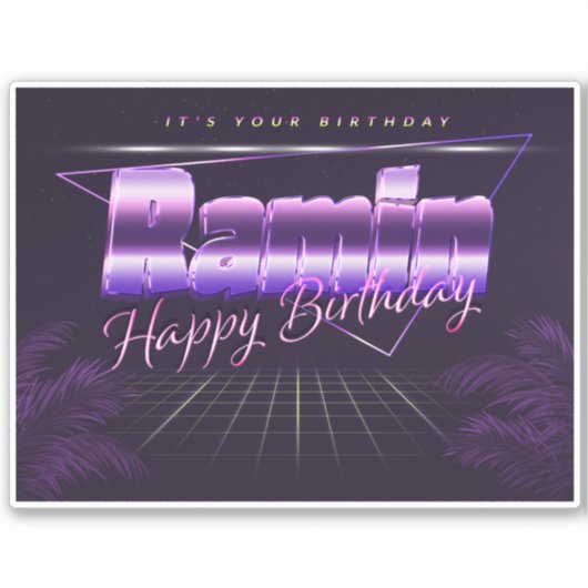 Ramin Name Vorname lila retro Sticker Geburtstag (Voorkant)