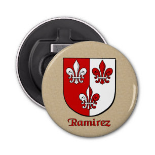 Ramirez Heraldic Arms op perkament stijl terug Button Flesopener