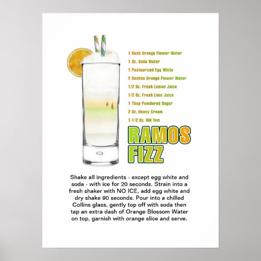 Ramos Gin Fizz Cocktailrecept Kunst 18"x24" Poster (Voorkant)
