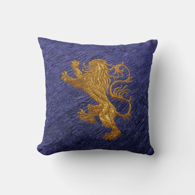 Rampant Lion - goud op blauw Kussen (Voorkant)