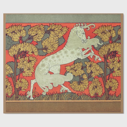 RAMPANT WHITE HORSE,BOMEN IN WOODLAND Art Nouveau Cadeaupapier (Vlak)