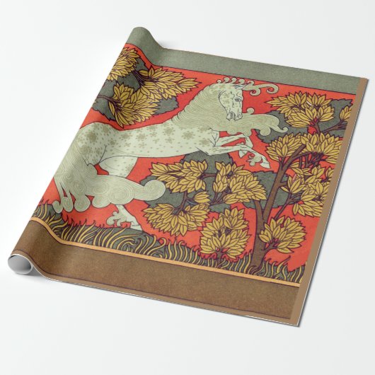 RAMPANT WHITE HORSE,BOMEN IN WOODLAND Art Nouveau Cadeaupapier (Uitgerold)