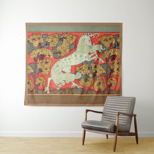RAMPANT WHITE HORSE,BOMEN IN WOODLAND Art Nouveau Wandkleed (In Situ (horizontaal))