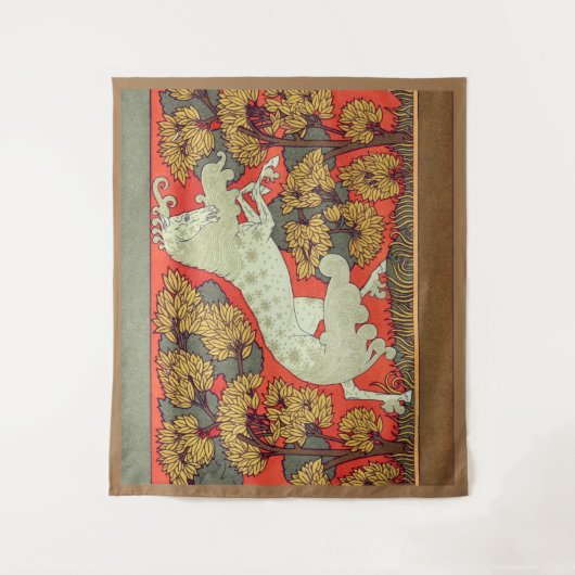 RAMPANT WHITE HORSE,BOMEN IN WOODLAND Art Nouveau Wandkleed (Voorkant)